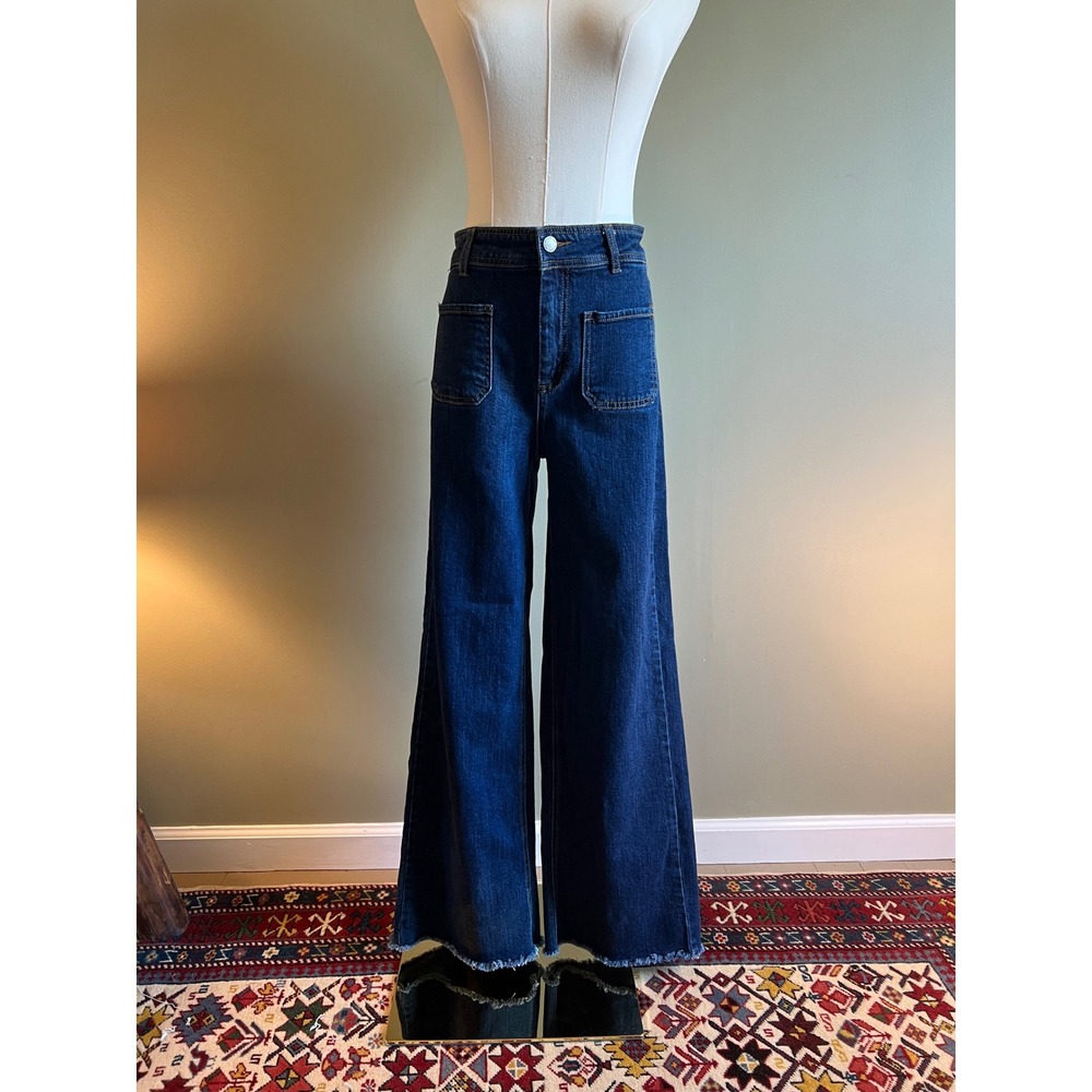 OAT New York Wide Leg High Rise Dark Wash Patch Pocket Raw Hem Jeans Size 2 26